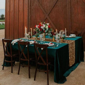 Velvet Table linens on an outdoor reception setting with a colored table runner
