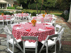 Red and white checkered tablecloth wedding reception