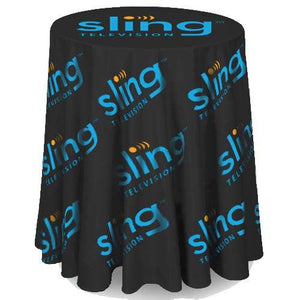 Black round branded tablecloth with all over print for Sling TV