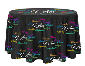 Black all over print tablecloth with inspirational quotes