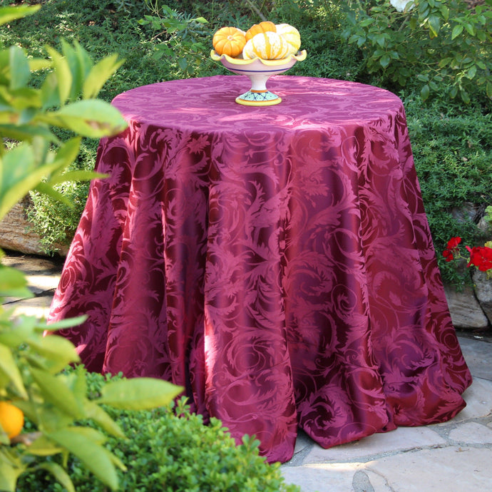 Melrose damask tablecloth in a garden 