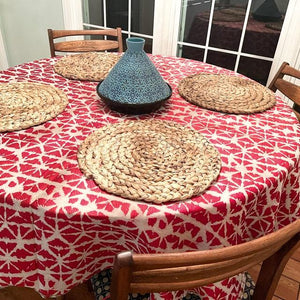 shibori hex tablecloth in a dining room 