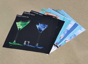 close shot of Print samples of materials for custom-printed tablecloths