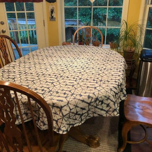 Shibori Hex tablecloth on a large oval table