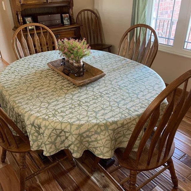 Oval Shibori tablecloth on a farmhouse table 