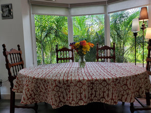 Shibori Hex tablecloth on an oval table