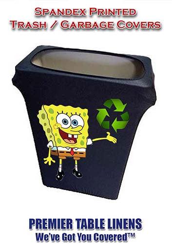 Custom-printed Spandex trash can cover with full-color Sponge Bob Recycling print 