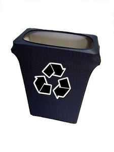 Black Spandex 23 Gallon custom printed trash can cover with the recycling logo 