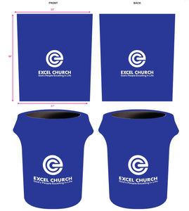 Blue custom printed one color 44 gallon trash can covers for Excel church