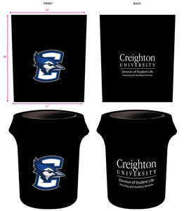 Black custom-printed 44-gallon trash can cover for the Creighton University
