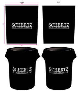 Renderings of Black trash can covers with white lettering for the Schertz Civic Center