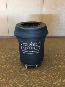 Black custom printed one logo 44-gallon trash can cover for Creighton University 