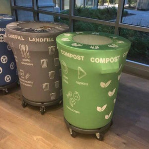 Various printed Spandex 44-gallon trash can covers for different types of waste