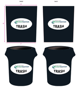 Black mock-ups of our 44 gallon spandex trash can covers 
