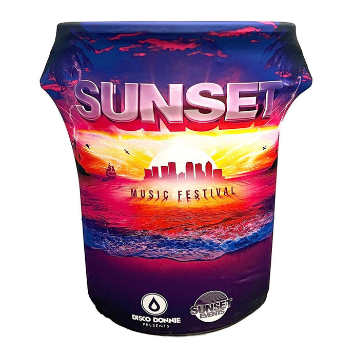 Spandex 55 Gallon multi-colored Custom Printed Trash Can Cover for Sunset music Festival