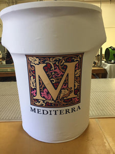 Spandex 55 Gallon trash cover in white with printed Mediterra logo at center