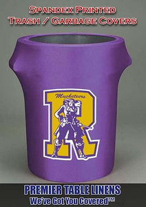 Spandex trash can cover with all over print for a high school team