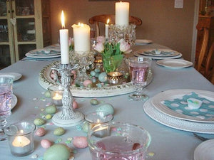 Spun poly linen on a family table with candles and easter decorations