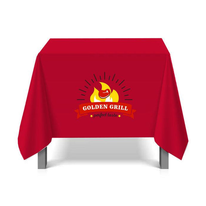 Custom-printed red square tablecloth with Golden Grill Corporate logo