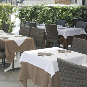 Poly Cotton Blend linens on outdoor restaurant tables