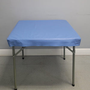 Blue vinyl fitted tablecloth with flannel backing